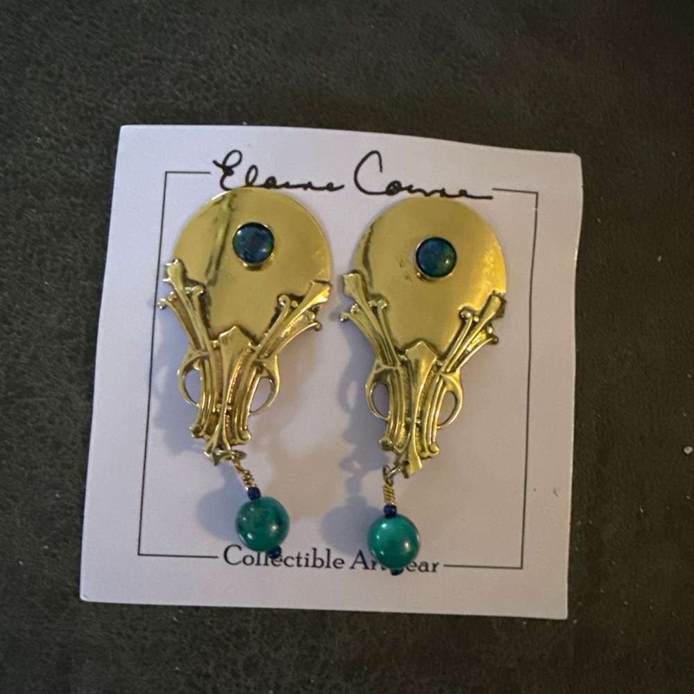 Brass and Teal Stone Earrings By Designer Elaine Coyne HALF OFF!!!